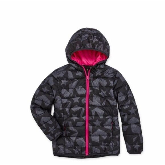 Xersion Girls XL Black Star Puffer Coat Hooded Pink Trim Winter Jacket Cozy Warm
